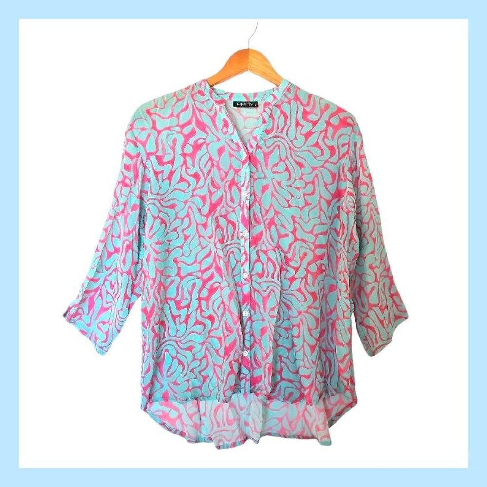 Ap NY Hottie Button Up Blouse L Large‎ Mandarin Collar 3/4 sleeve Light Aqua Hot